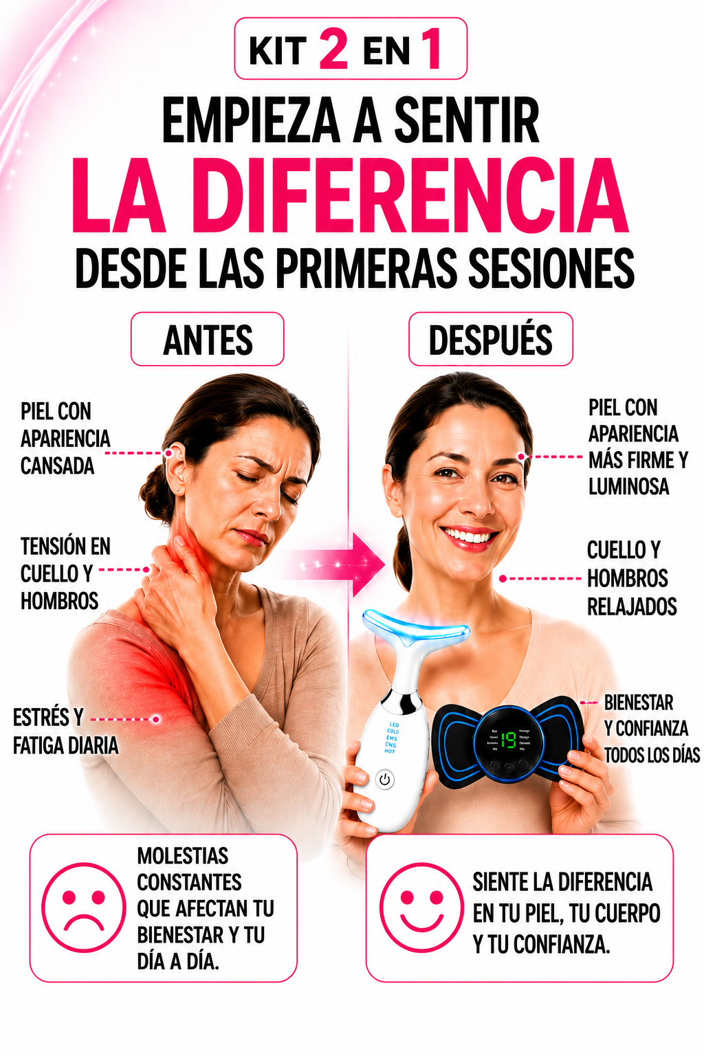 KIT 2 EN 1 MASAJEADOR FACIAL LUZ LED + PARCHE ELECTROESTIMULACIÓN MUSCULAR