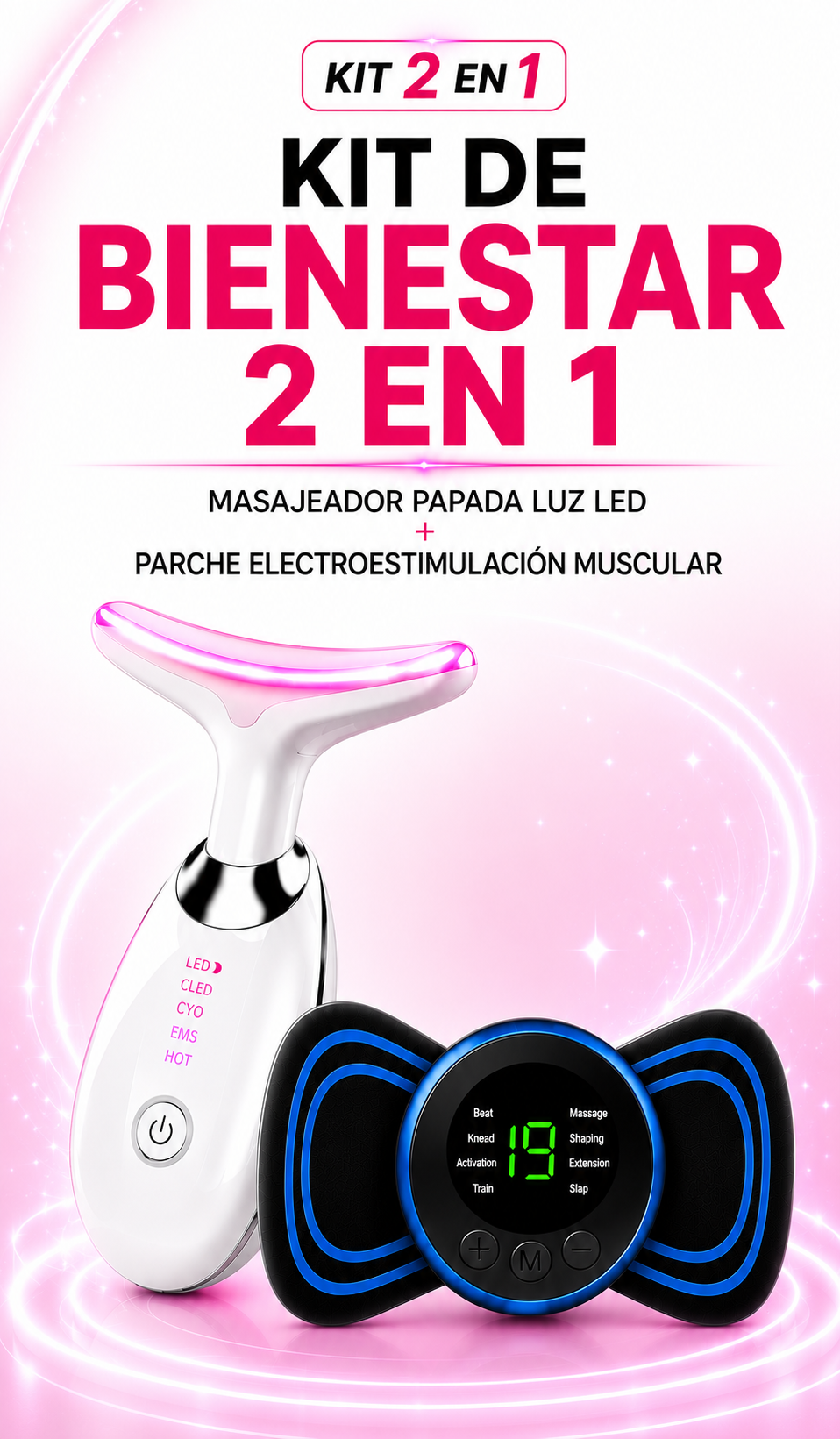 KIT 2 EN 1 MASAJEADOR FACIAL LUZ LED + PARCHE ELECTROESTIMULACIÓN MUSCULAR