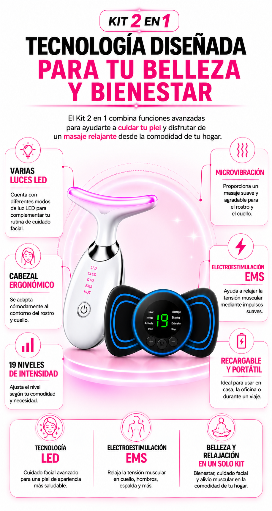 KIT 2 EN 1 MASAJEADOR FACIAL LUZ LED + PARCHE ELECTROESTIMULACIÓN MUSCULAR