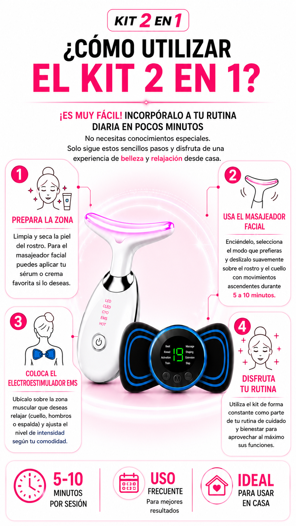 KIT 2 EN 1 MASAJEADOR FACIAL LUZ LED + PARCHE ELECTROESTIMULACIÓN MUSCULAR