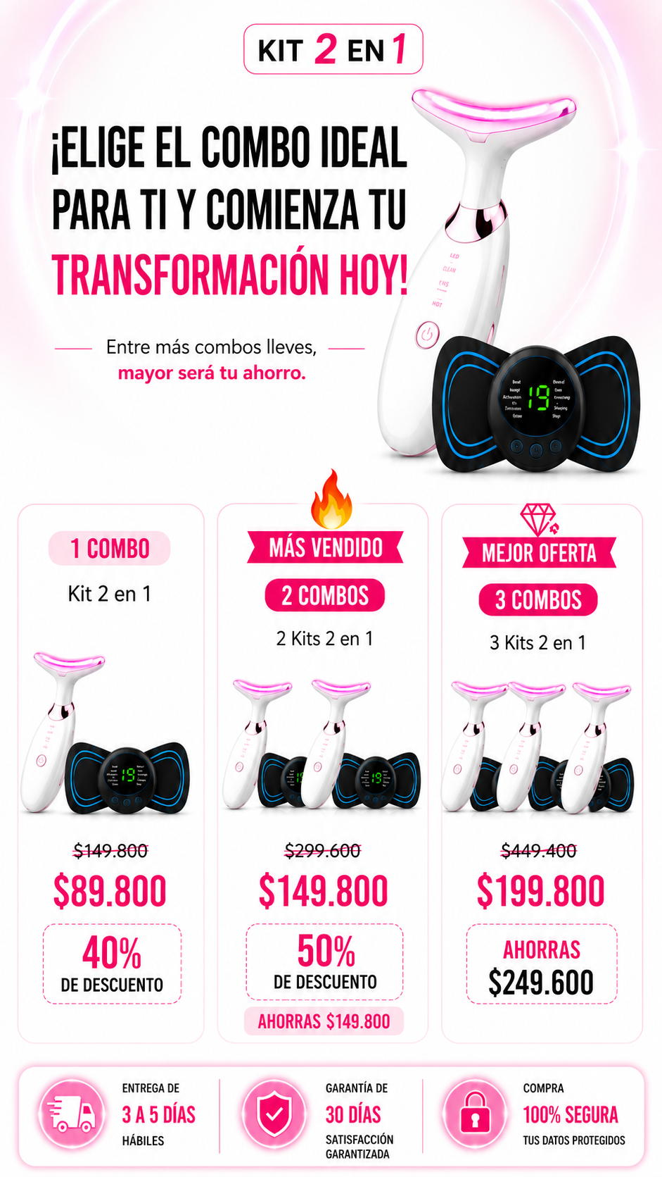 KIT 2 EN 1 MASAJEADOR FACIAL LUZ LED + PARCHE ELECTROESTIMULACIÓN MUSCULAR